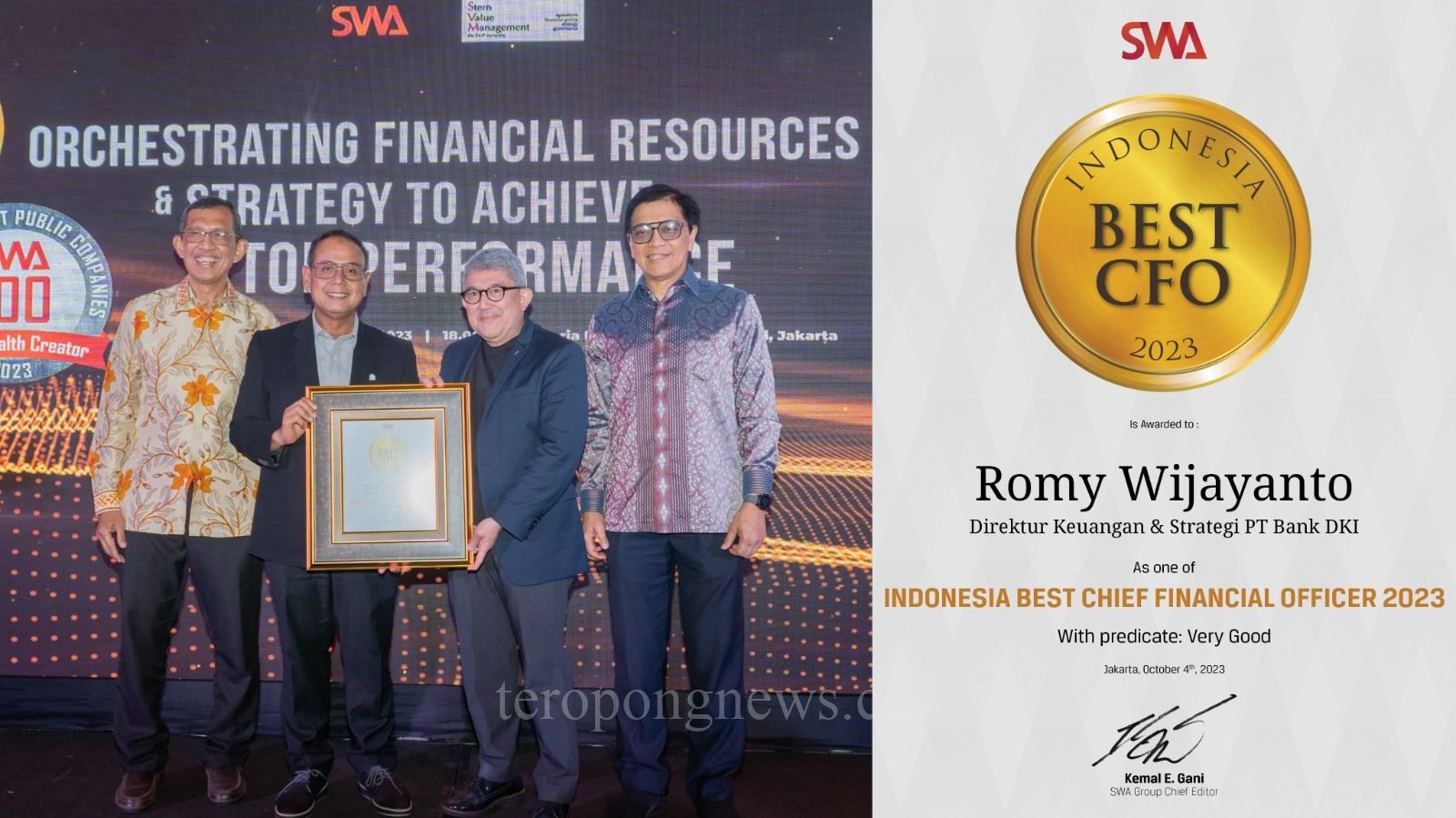 Romy Wijayanto (kedua dari kiri) menerima penghargaan dari Chief Editor SWA Media Group, Kemal E.Gani (kedua dari kanan), sebagai Indonesia Best CFO 2023, didampingi Dewan Juri Reinaldi Firmansyah (kiri) dan Prof. Ir. Roy Sembel (kanan), pada acara SWA Indonesia Best CFO 2023 dengan tema Orchestrating Financial Resources dan Strategy to Achieve Top Performance, di Jakarta pada Rabu (04/10/2023). (Foto : Dok. Bank DKI)